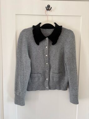 Gray collared 100% virgin wool sweater Parisian style edgy quiet luxury cardigan
